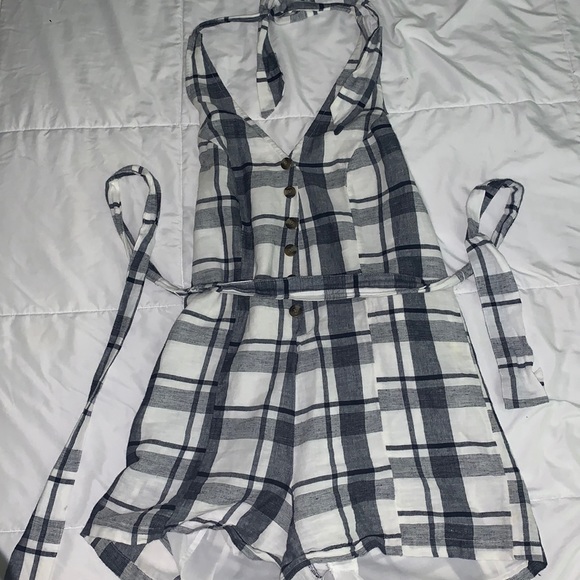 Navy Blue and white plaid romper - Picture 1 of 1